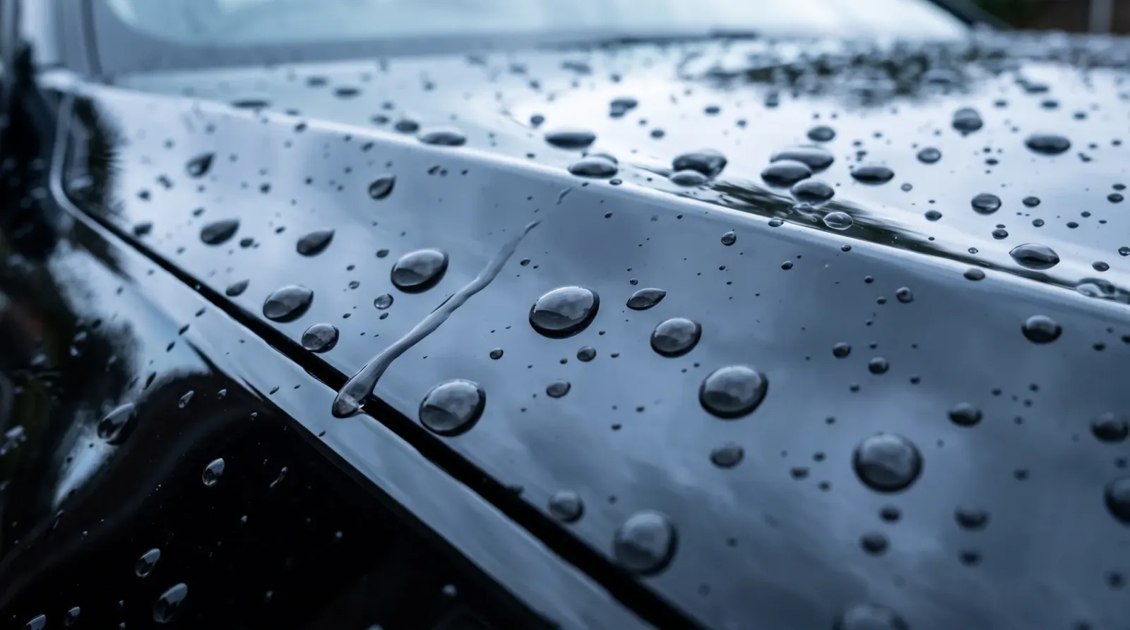 雨に濡れた黒い車のボンネット。コーティングされた塗装の上で、大粒の雨水が玉になって転がり落ちている様子